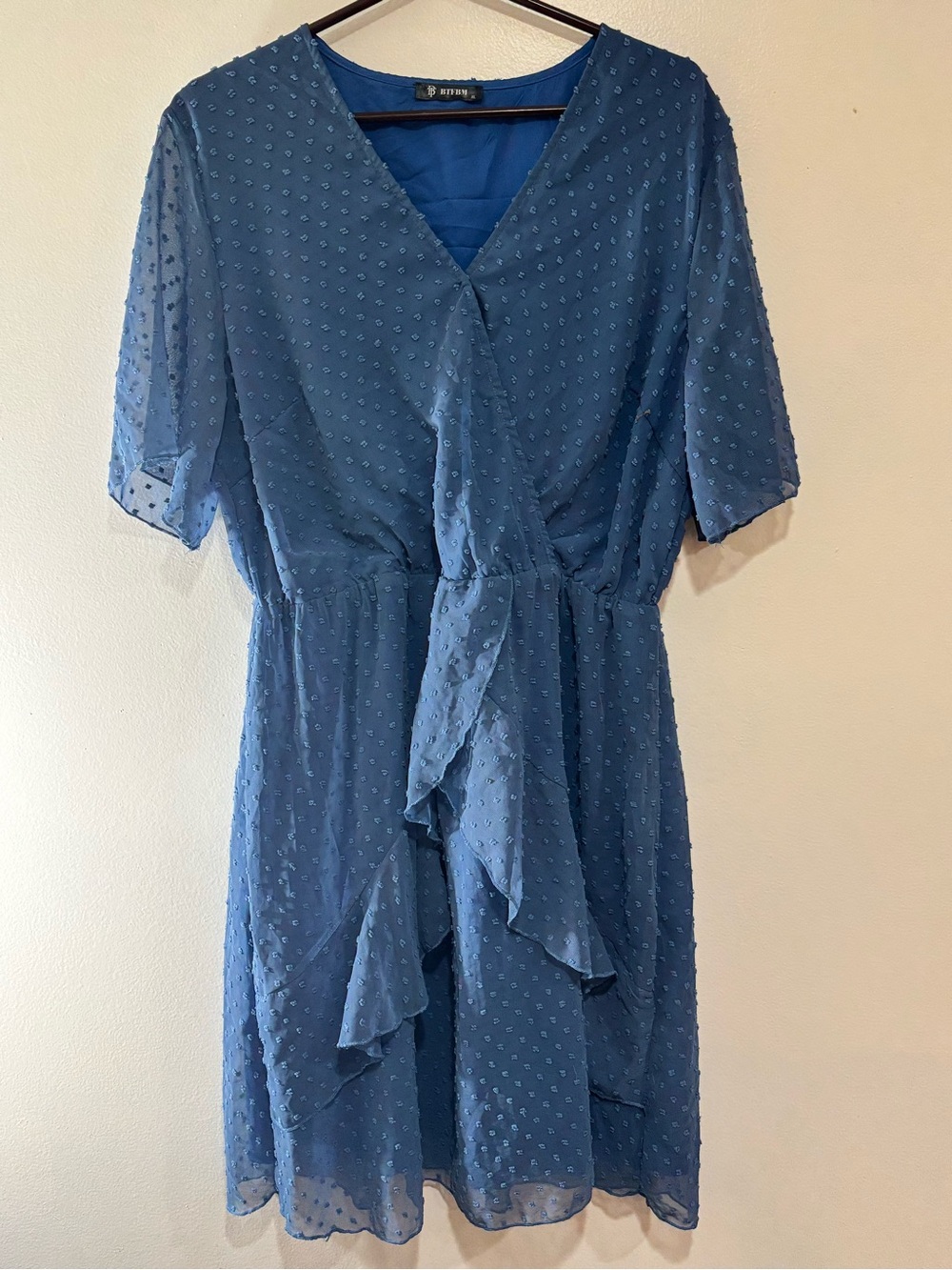 BTFBM Dress XL Cottagecore Blue Swiss Dot Faux Wrap V Neck Ruffle Boho Prairie